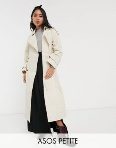 ASOS DESIGN Petite longline trench coat in stone-White