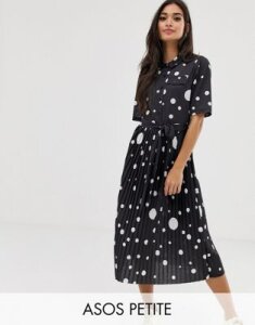 ASOS DESIGN Petite midi shirt dress with pleated skirt and belt in polka dot-Multi