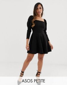 ASOS DESIGN Petite mini skater dress with shoulder puff-Black