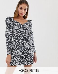 ASOS DESIGN Petite off shoulder button through mini dress with long sleeves in animal print-Multi
