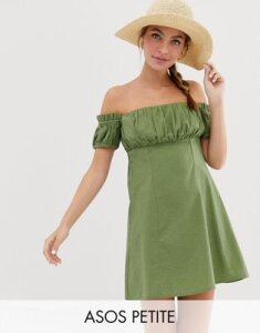 ASOS DESIGN Petite off shoulder mini sundress with ruched bust-Green