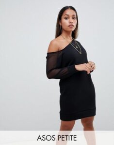 ASOS DESIGN Petite off shoulder sweat dress with mesh sleeve-Black