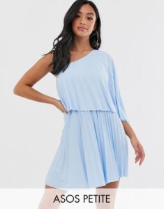 ASOS DESIGN Petite one shoulder pleated crop top mini dress-Blue