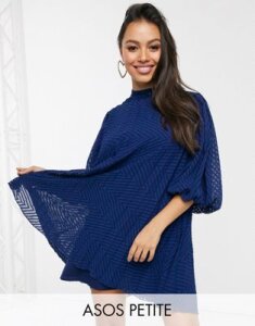 ASOS DESIGN Petite pleated trapeze mini dress with puff sleeves in dobby in navy