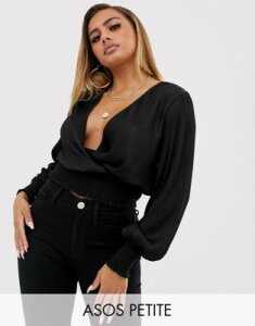 ASOS DESIGN Petite plisse wrap with shirred cuff and waist in black