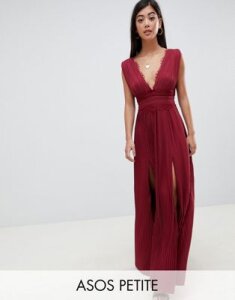 ASOS DESIGN Petite premium lace insert pleated maxi dress-Red