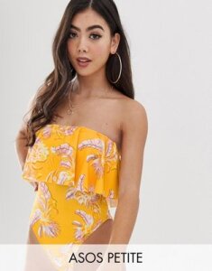 ASOS DESIGN petite recycled minimal frill bandeau swimsuit in orange floral