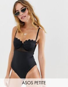 ASOS DESIGN Petite recycled scallop detail mesh insert underwired cupped swimsuit in black