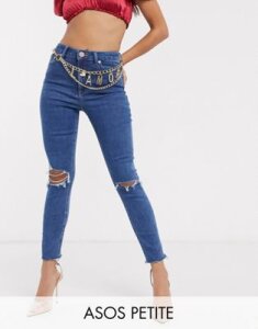 ASOS DESIGN Petite Ridley high waist skinny jeans in bright midwash blue with rips and raw hem-Purple