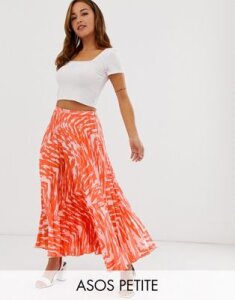 ASOS DESIGN Petite satin pleated midi skirt in red zebra print-Multi