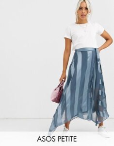 ASOS DESIGN Petite satin stripe wrap midi skirt with tie waist-Blue