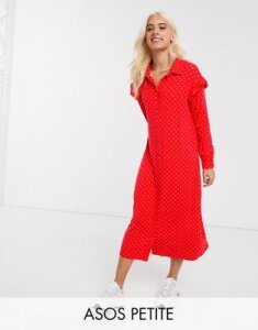 ASOS DESIGN Petite shirt maxi dress in red and white spot-Multi