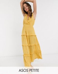 ASOS DESIGN Petite sleeveless tiered crinkle maxi dress with lace inserts in mustard spot-Multi