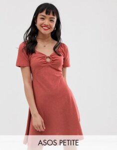 ASOS DESIGN Petite slubby mini swing dress with faux tortoiseshell ring detail-Red