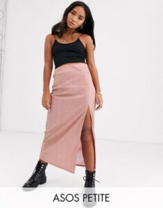 ASOS DESIGN Petite sparkle bias slip midi skirt with thigh split-Pink