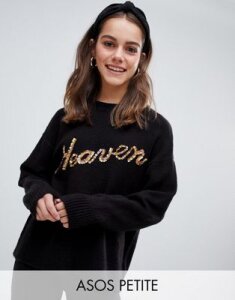 ASOS DESIGN Petite sweater with sequin slogan-Black