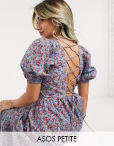 ASOS DESIGN Petite tiered maxi dress with puff sleeves and open back in ditsy floral print-Multi
