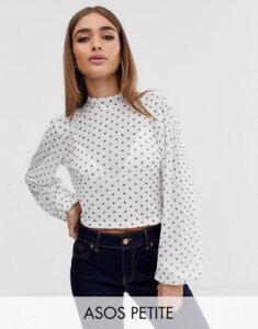 ASOS DESIGN Petite top with blouson sleeve and tie neck in spot mesh print-Multi
