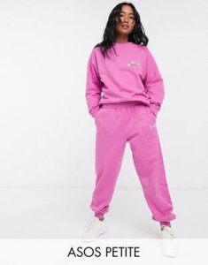 ASOS DESIGN Petite tracksuit oversized sweat with wash and embroidered slogan / oversized sweatpants in pink