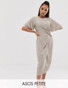 ASOS DESIGN Petite twist front midi dress with angel sleeve-Gray