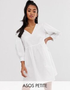 ASOS DESIGN Petite v front v back smock mini dress in cotton-White