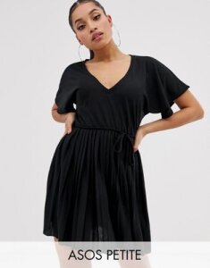 ASOS DESIGN Petite v neck mini dress with pleated skirt and self belt-Black