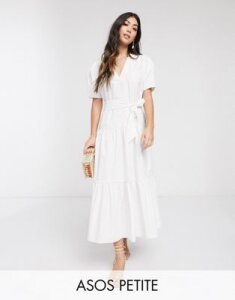 ASOS DESIGN Petite v neck tiered midi dress with belt in white