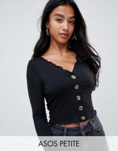 ASOS DESIGN Petite v neck top in rib with button front and long sleeve-Black