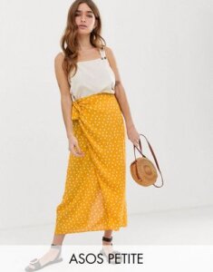 ASOS DESIGN Petite wrap maxi skirt with tie front in yellow polka dot-Multi