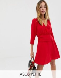 ASOS DESIGN Petite wrap mini dress with ruched skirt-Red