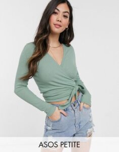 ASOS DESIGN Petite wrap top in rib with long sleeve-Green