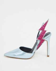 ASOS DESIGN Pick Up lightning bolt slingback heels in blue metallic-Multi