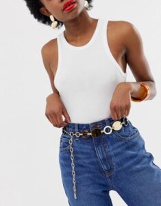 ASOS DESIGN plate and tort ring chain waist and hip belt-Gold