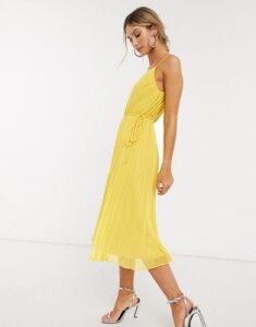 ASOS DESIGN pleated cami midi dress with drawstring waist in yellow