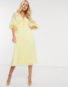 ASOS DESIGN pleated dobby midi dress with lace up front in yellow