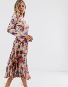 ASOS DESIGN pleated midi dress with fluted sleeve in floral print-Multi