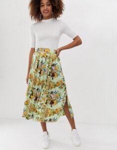 ASOS DESIGN pleated midi skirt with buttons in scarf print-Multi