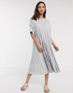 ASOS DESIGN pleated smock midi dress with short sleeves in gray marl
