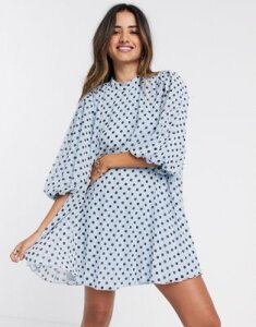 ASOS DESIGN pleated trapeze mini dress with puff sleeves in polka dot-Multi