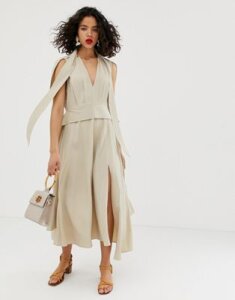 ASOS DESIGN plunge neck modern maxi dress with cape sleeves in texture-Beige