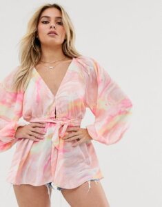 ASOS DESIGN plunge top with kimono sleeve and belt detail in tie dye print-Multi