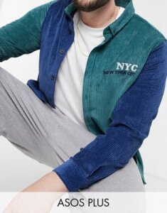 ASOS DESIGN Plus 90s oversized corduroy shirt with NYC embroidery chest logo-Navy