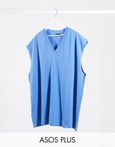 ASOS DESIGN Plus oversized longline sleeveless t-shirt with v neck in blue