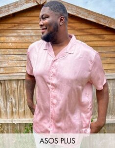 ASOS DESIGN Plus regular fit satin shirt with deep revere and piping in pink
