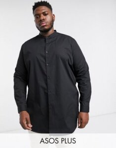 ASOS DESIGN Plus regular fit super longline shirt in black with grandad collar