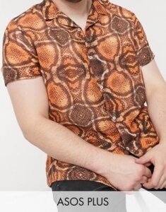 ASOS DESIGN Plus regular revere shirt in kaleidoscope animal hopsack print-Orange