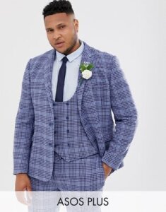 ASOS DESIGN Plus wedding super skinny suit jacket in blue wool blend check