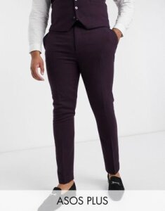 ASOS DESIGN Plus wedding super skinny suit pants in wool mix twill in burgundy-Red