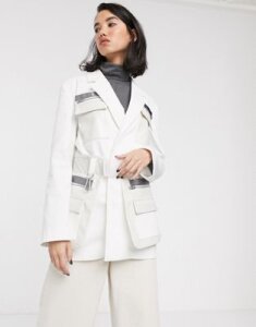 ASOS DESIGN premium clean utility blazer with leather look pocket and belt detail-White