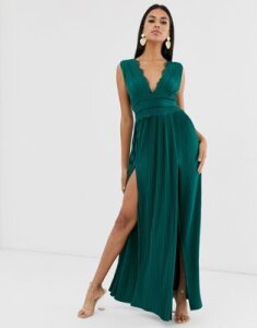 ASOS DESIGN premium lace insert pleated maxi dress-Green